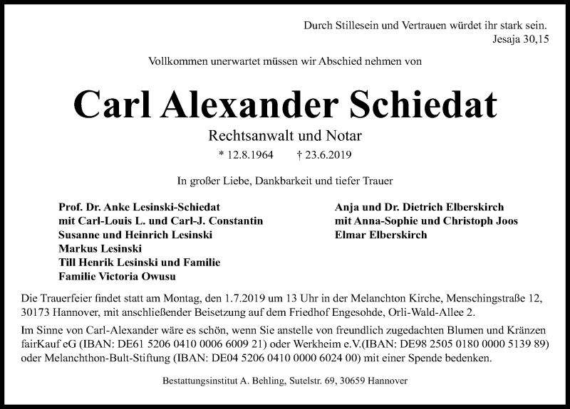  Traueranzeige für Carl Alexander Schiedat vom 26.06.2019 aus Hannoversche Allgemeine Zeitung/Neue Presse