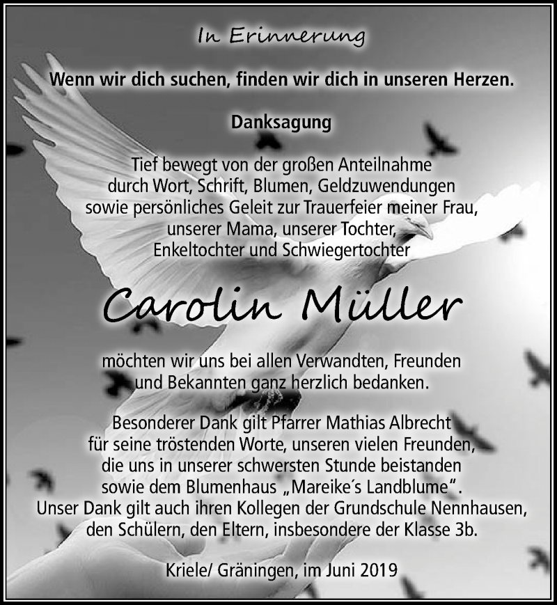  Traueranzeige für Carolin Müller vom 01.06.2019 aus Märkischen Allgemeine Zeitung