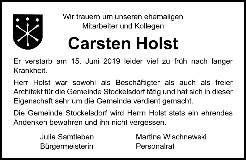  Traueranzeige für Carsten Holst vom 22.06.2019 aus Lübecker Nachrichten