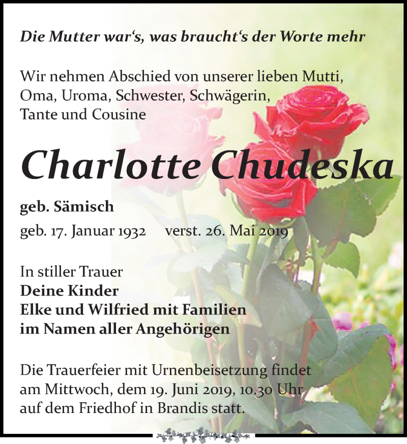  Traueranzeige für Charlotte Chudeska vom 08.06.2019 aus Leipziger Volkszeitung
