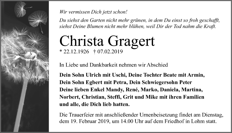  Traueranzeige für Christa Gragert vom 09.02.2019 aus Märkischen Allgemeine Zeitung