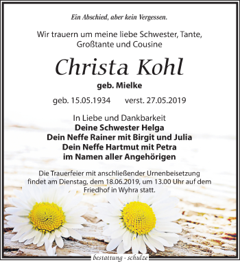 Traueranzeige von Christa Kohl von Leipziger Volkszeitung
