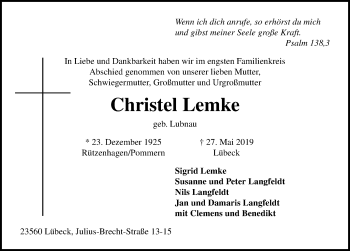 Traueranzeige von Christel Lemke von Lübecker Nachrichten