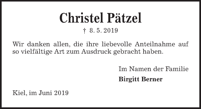  Traueranzeige für Christel Pätzel vom 01.06.2019 aus Kieler Nachrichten