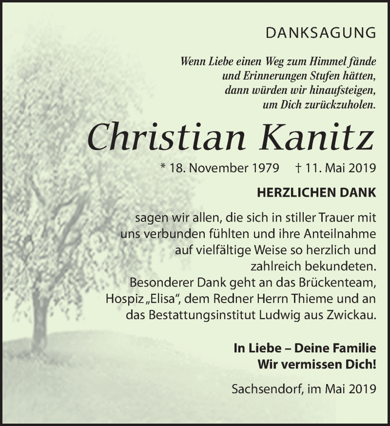  Traueranzeige für Christian Kanitz vom 01.06.2019 aus Leipziger Volkszeitung