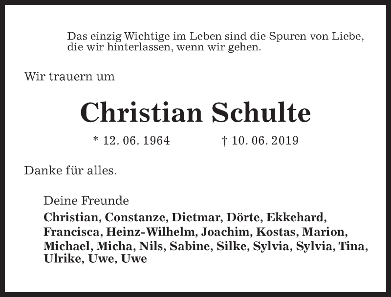  Traueranzeige für Christian Schulte vom 15.06.2019 aus Hannoversche Allgemeine Zeitung/Neue Presse