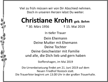 Traueranzeige von Christiane Krohn von Ostsee-Zeitung GmbH