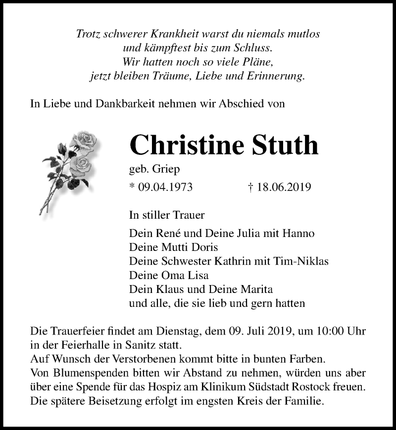  Traueranzeige für Christine Stuth vom 22.06.2019 aus Ostsee-Zeitung GmbH