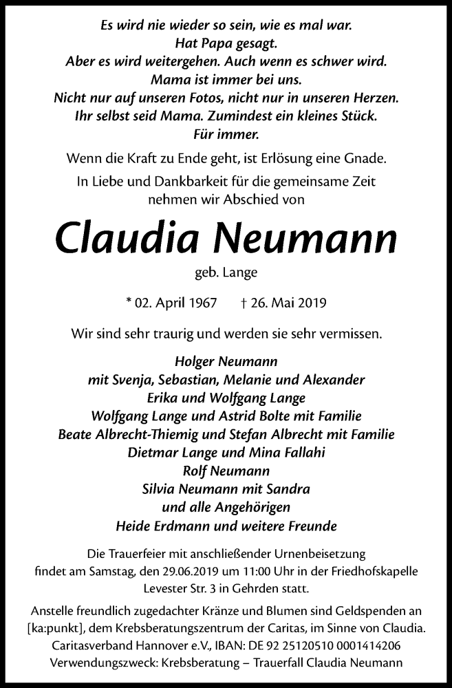  Traueranzeige für Claudia Neumann vom 15.06.2019 aus Hannoversche Allgemeine Zeitung/Neue Presse
