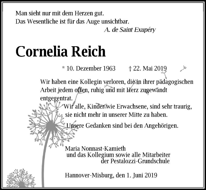  Traueranzeige für Cornelia Reich vom 01.06.2019 aus Hannoversche Allgemeine Zeitung/Neue Presse