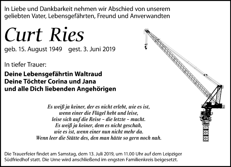 Traueranzeige für Curt Ries vom 15.06.2019 aus Leipziger Volkszeitung
