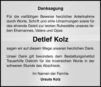 Traueranzeige von Detlef Kolz von Ostsee-Zeitung GmbH