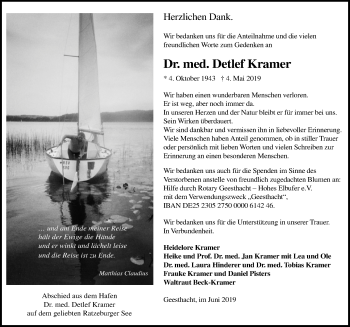 Traueranzeige von Detlef Kramer von Lübecker Nachrichten