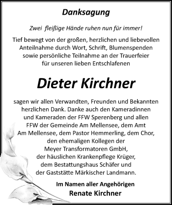 Traueranzeige von Dieter Kirchner von Märkischen Allgemeine Zeitung