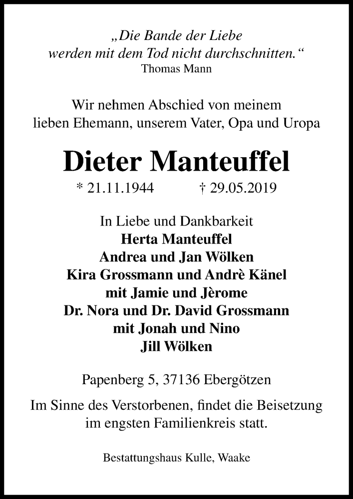  Traueranzeige für Dieter Manteuffel vom 08.06.2019 aus Göttinger Tageblatt
