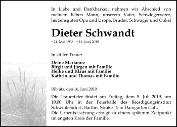 Traueranzeige von Dieter Schwandt von Ostsee-Zeitung GmbH