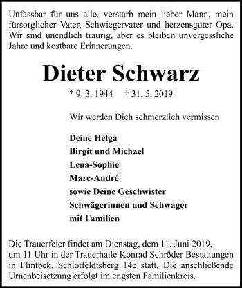 Traueranzeige von Dieter Schwarz von Kieler Nachrichten