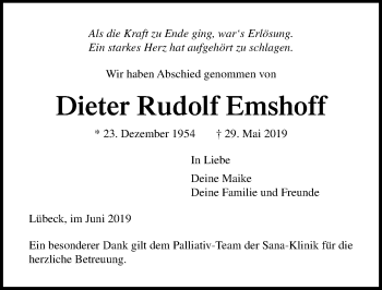 Traueranzeige von Dieter Rudolf Emshoff von Lübecker Nachrichten