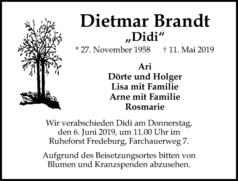  Traueranzeige für Dietmar Brandt vom 02.06.2019 aus Lübecker Nachrichten