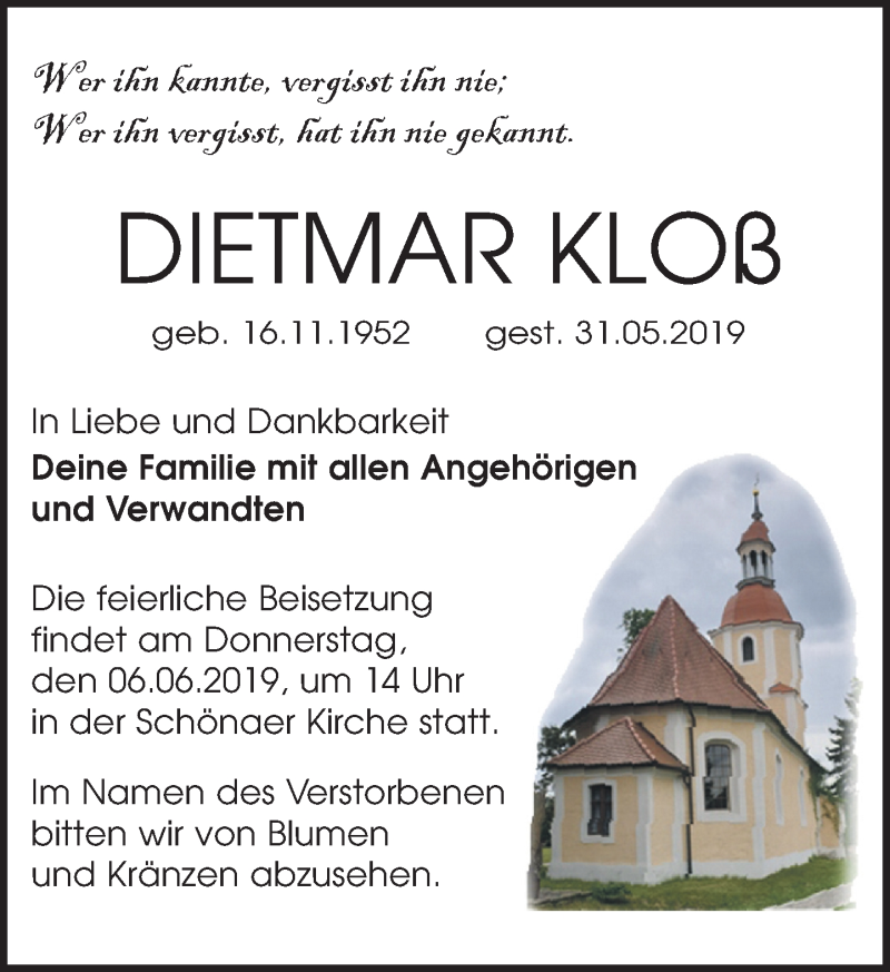  Traueranzeige für Dietmar Kloß vom 04.06.2019 aus Leipziger Volkszeitung