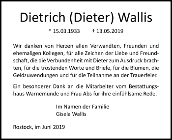 Traueranzeige von Dietrich  Wallis von Ostsee-Zeitung GmbH