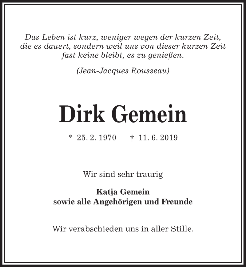  Traueranzeige für Dirk Gemein vom 15.06.2019 aus Kieler Nachrichten