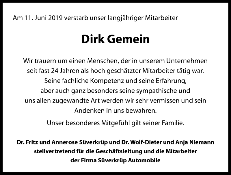  Traueranzeige für Dirk Gemein vom 22.06.2019 aus Kieler Nachrichten