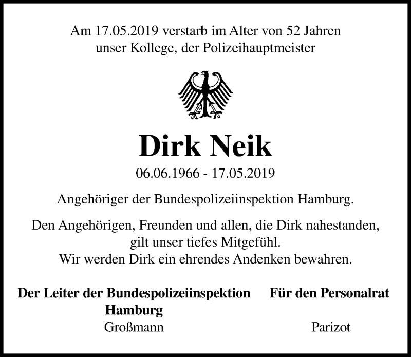  Traueranzeige für Dirk Neik vom 06.06.2019 aus Ostsee-Zeitung GmbH