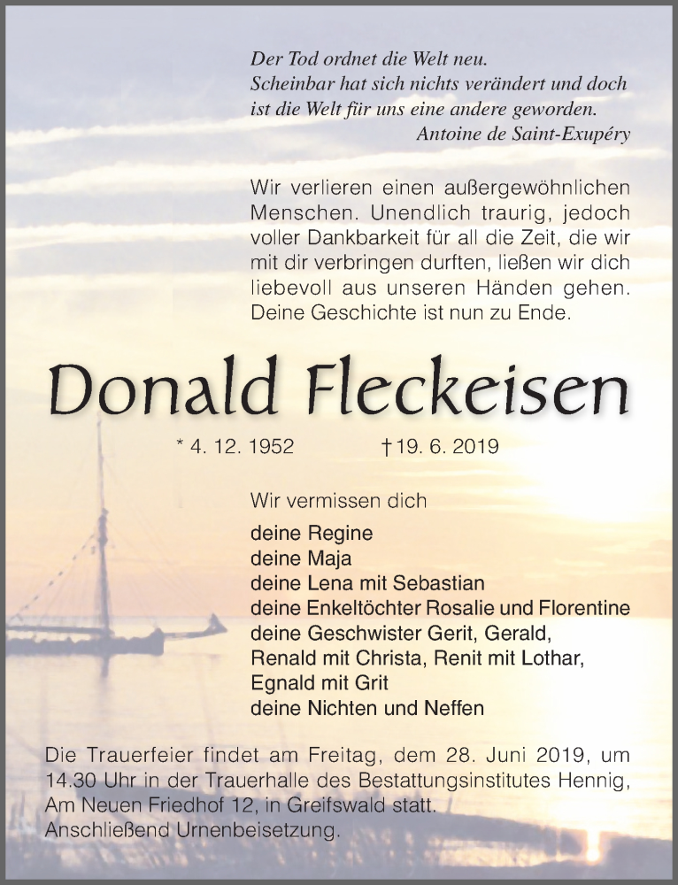  Traueranzeige für Donald Fleckeisen vom 22.06.2019 aus Ostsee-Zeitung GmbH