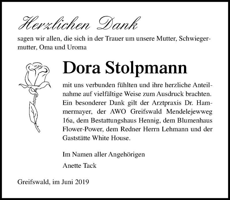  Traueranzeige für Dora Stolpmann vom 08.06.2019 aus Ostsee-Zeitung GmbH