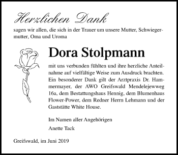 Traueranzeige von Dora Stolpmann von Ostsee-Zeitung GmbH