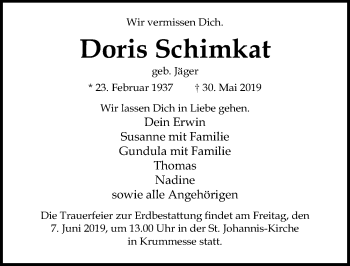 Traueranzeige von Doris Schimkat von Lübecker Nachrichten