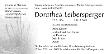 Traueranzeige von Dorothea Leibersperger von Ostsee-Zeitung GmbH