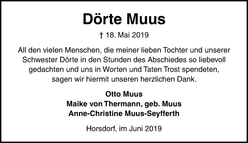  Traueranzeige für Dörte Muus vom 09.06.2019 aus Lübecker Nachrichten