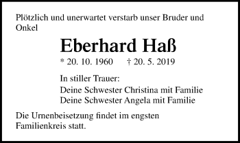 Traueranzeige von Eberhard Haß von Ostsee-Zeitung GmbH