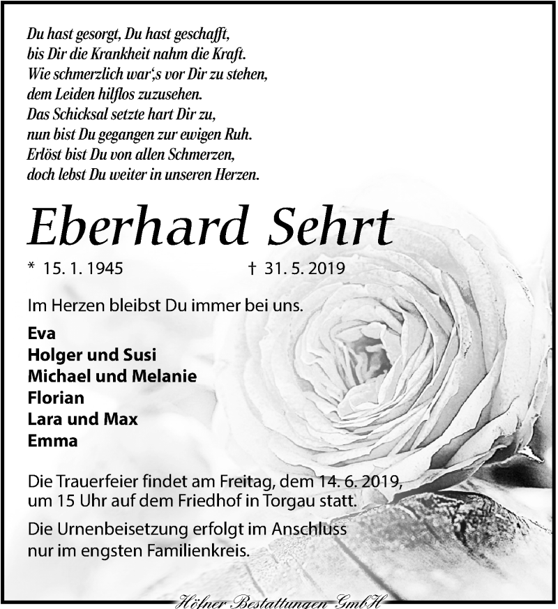  Traueranzeige für Eberhard Sehrt vom 08.06.2019 aus Torgauer Zeitung