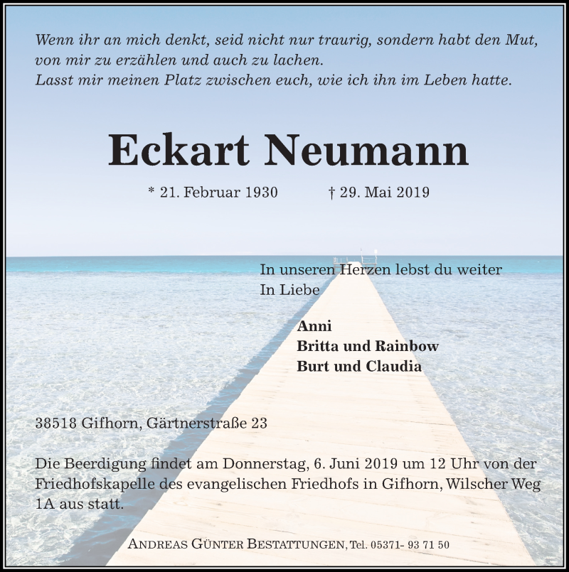  Traueranzeige für Eckart Neumann vom 04.06.2019 aus Aller Zeitung