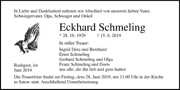 Traueranzeige von Eckhard Schmeling von Ostsee-Zeitung GmbH