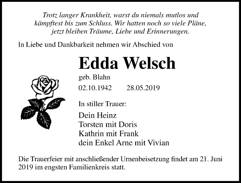  Traueranzeige für Edda Welsch vom 15.06.2019 aus Ostsee-Zeitung GmbH