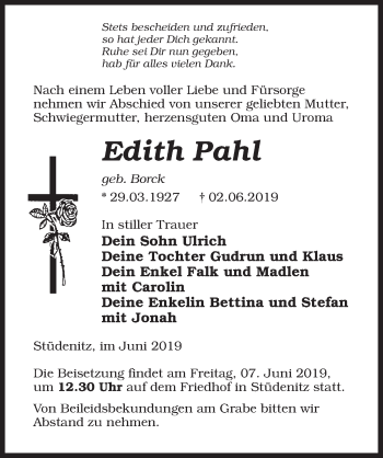 Traueranzeige von Edith Pahl von Märkischen Allgemeine Zeitung