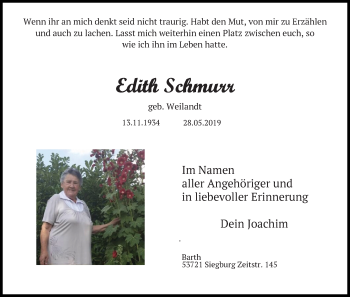 Traueranzeige von Edith Schmurr von Ostsee-Zeitung GmbH