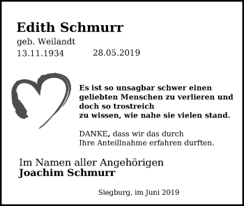 Traueranzeige von Edith Schmurr von Ostsee-Zeitung GmbH
