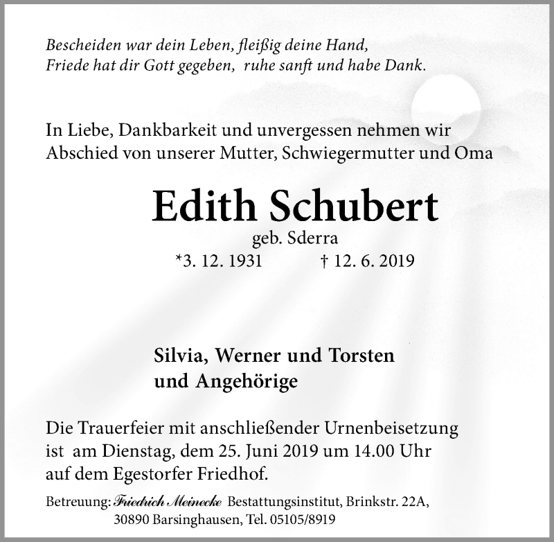  Traueranzeige für Edith Schubert vom 22.06.2019 aus Hannoversche Allgemeine Zeitung/Neue Presse