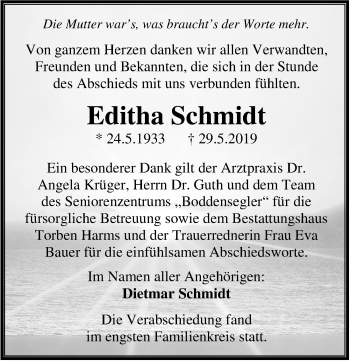 Traueranzeige von Editha Schmidt von Ostsee-Zeitung GmbH