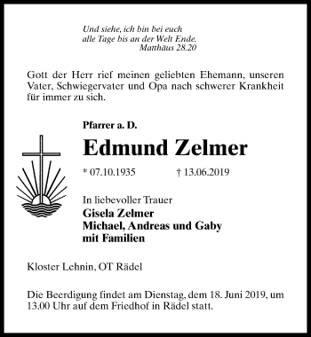 Traueranzeige von Edmund Zelmer von Märkischen Allgemeine Zeitung