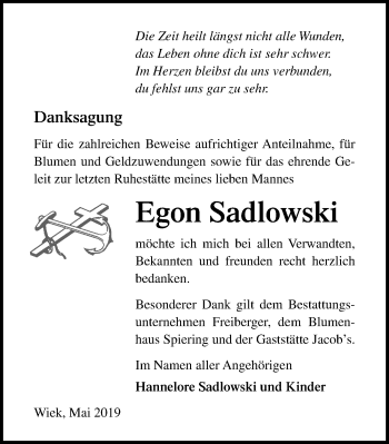 Traueranzeige von Egon Sadlowski von Ostsee-Zeitung GmbH