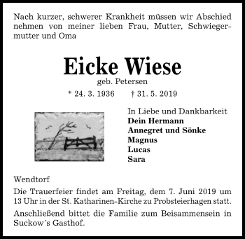 Traueranzeige von Eicke Wiese von Kieler Nachrichten