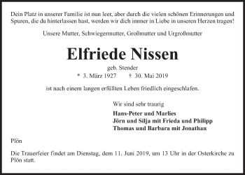 Traueranzeige von Elfriede Nissen von Kieler Nachrichten