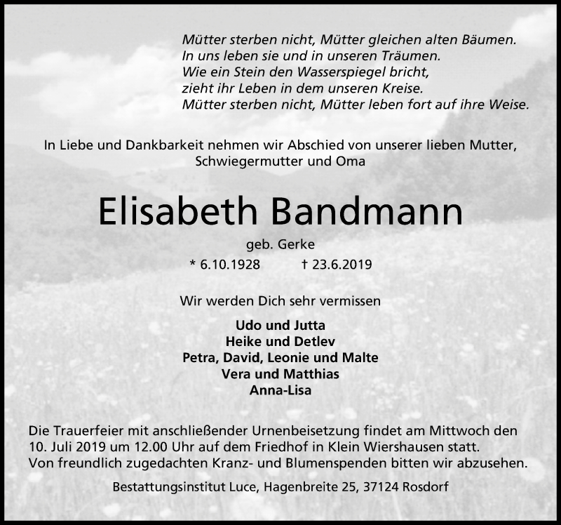  Traueranzeige für Elisabeth Bandmann vom 29.06.2019 aus Göttinger Tageblatt