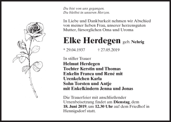 Traueranzeige von Elke Herdegen von Märkischen Allgemeine Zeitung